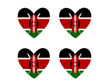 Juego de 4 transferencias para planchar con forma de corazón con la bandera de Kenia para tela. Apoyo al equipo de Kenia