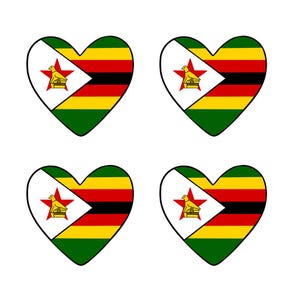 Könnte beinhalten: Vier herzförmige Designs mit der Flagge von Simbabwe. Jedes Herz hat ein weißes Dreieck mit einem roten Stern und einem gelben Vogel und ist von grünen, gelben und roten Streifen umrandet.