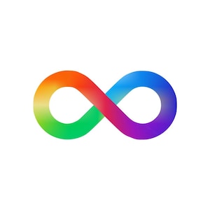 Puede incluir: Un símbolo de infinito de color arcoíris, con un degradado de rojo, naranja, amarillo, verde, azul y morado.