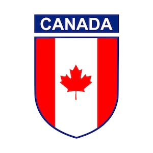 Op de afbeelding: Een blauw schild met het woord "CANADA" in witte letters bovenaan. Binnen het schild bevindt zich een rood esdoornblad op een witte achtergrond met rode strepen aan beide kanten.