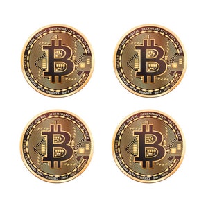 May include: Four gold-colored Bitcoin coins with the text "BITCOIN DIGITAL DECENTRALIZED PEER TO PEER" and "999 FINE COPPER MJB MONETARY" around the edge. The center of each coin features a stylized "B" with a circuit board design.