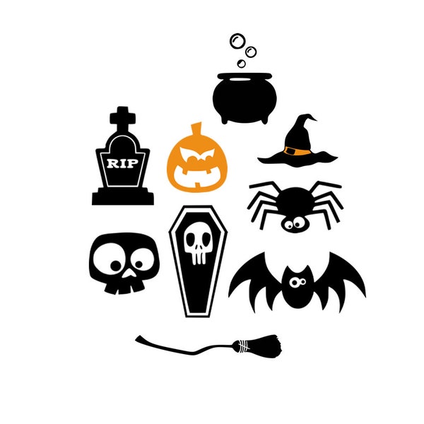 Set of 9 Witchcraft DIY Iron on Transfer Halloween patch Skull pumpkin bat spider witch hat RIP Broom Casket Cauldron badge