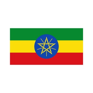 May include: The flag of Ethiopia features three horizontal stripes: green, yellow, and red. A blue circle with a gold five-pointed star is centered on the yellow stripe.