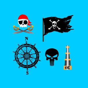 May include: A black and white skull and crossbones pirate flag, a black skull with a white outline, a compass with a black and white wheel, and a black and white lighthouse with a gold top.