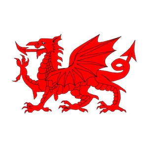 May include: A red dragon with wings outstretched and a curled tail. The dragon is facing left and has a fierce expression.
