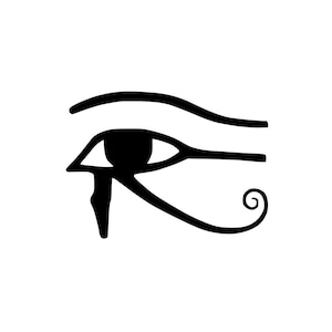 以下が含まれることがあります： ホルスの目の白黒イラスト。古代エジプトの保護と健康の象徴です。