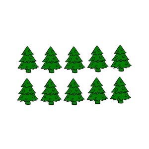 May include: Ten green Christmas trees with white baubles. The trees are outlined in black.