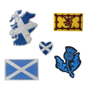 Lot de 5 patchs de broderie écossais à repasser ou à coudre Motif brodé transfert drapeau écossais carte cœur chardon Lion écossais