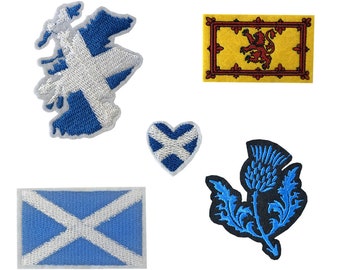 Set of 5 Scotland Embroidery Patch Iron on or Sew on Embroidered Motif Transfer Scottish Flag map heart Thistle Scottish Lion