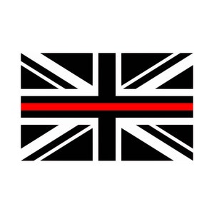 May include: A Union Jack flag with a thin red stripe across the middle. The red stripe is a symbol of support for first responders.