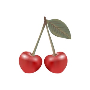 May include: Two red cherries with green stems and a single green leaf.