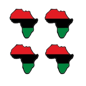 Peut inclure: Quatre autocollants de contour noir et blanc du continent africain avec les couleurs du drapeau panafricain rouge, noir et vert.