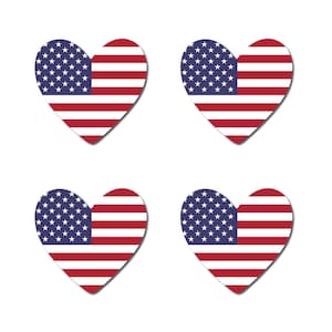 May include: Four red, white, and blue American flag heart shapes.