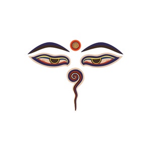 Puede incluir: Una ilustración estilizada del tercer ojo de Buda, con un ojo azul y blanco, un iris amarillo y una espiral roja y naranja encima.