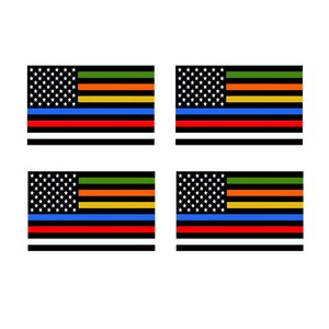 May include: Four thin, rectangular American flags with a thin black line, a thin white line, and a thin red line below the blue field. The blue field has a thin blue line, a thin red line, a thin yellow line, and a thin green line above the stars.