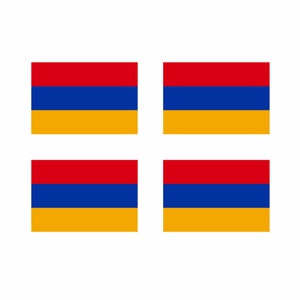 May include: Four square stickers featuring the flag of Armenia. The flag is red, blue, and orange.
