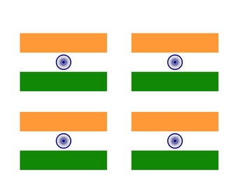 May include: Four rectangular Indian flags with the colours saffron, white, and green. The white stripe has a blue wheel in the centre.
