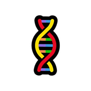 May include: A colorful illustration of a double helix DNA strand, with a black outline and a yellow, red, green, blue, and purple color scheme.