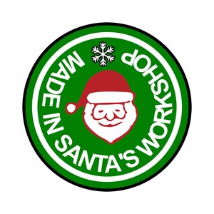 May include: Green circle with a white border and the text "Made in Santa's Workshop" in white. A red and white Santa Claus face is in the center of the circle with a snowflake above it.