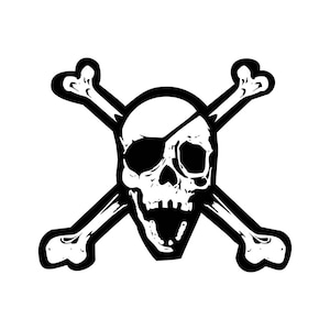 Könnte beinhalten: Schwarz-weiße Illustration eines Schädels mit Augenklappe und gekreuzten Knochen. Der Schädel hat einen offenen Mund und befindet sich vor einem weißen Hintergrund. Das Design ist ein klassisches Piratensymbol.