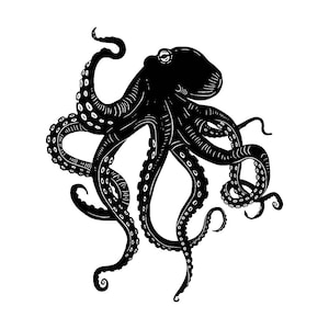 May include: A black and white illustration of an octopus. The octopus is depicted with detailed tentacles, each featuring suckers. The artwork has a linocut style, with a focus on the contrast between the black octopus and the white background.