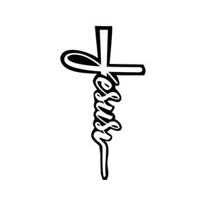 May include: A black and white graphic depicting a cross with the word "Jesus" written vertically through the centre. The cross has a standard shape with a vertical and horizontal line. The word "Jesus" is in a cursive font.