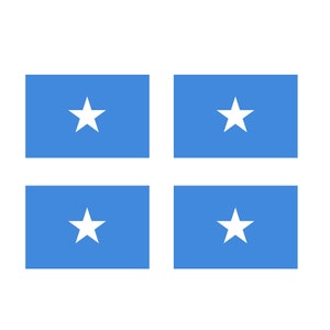 May include: Four blue rectangular flags with a white five-pointed star in the center of each flag.