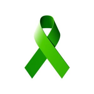 May include: A vibrant green awareness ribbon, a symbol of support. The ribbon is depicted in a glossy, three-dimensional style, with a subtle gradient. The image is set against a plain white background.
