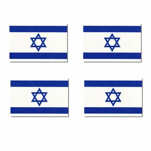 May include: Four small Israeli flags with a blue Star of David on a white background with two blue stripes.