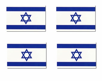 May include: Four small Israeli flags with a blue Star of David on a white background with two blue stripes.