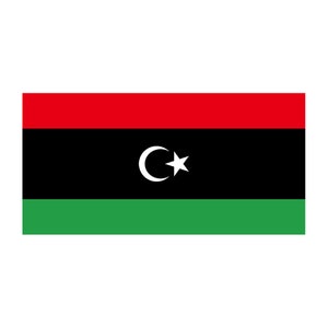 May include: The flag of Libya has three horizontal stripes: red at the top, black in the middle, and green at the bottom. A white crescent moon and star are centred on the black stripe.