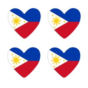 May include: Four heart-shaped designs featuring the flag of the Philippines. Each heart has a blue top, a red bottom, and a white triangle with a yellow sun and stars. The hearts are arranged on a white background.