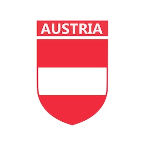May include: A red shield with a white stripe across the middle and the word "AUSTRIA" in white letters at the top.