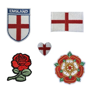 Set of 5 England Embroidery Patch Iron on or Sew on Embroidered Motif Transfer English Flag heart Rose Team Crest