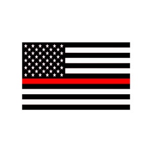 May include: Black and white American flag with a single red stripe across the middle. The flag is a symbol of support for firefighters.