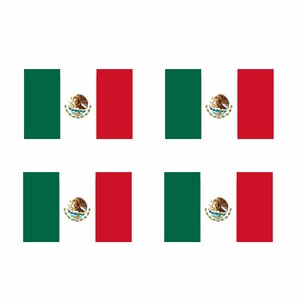 May include: Four Mexican flags, each with a green, white, and red vertical stripe. The white stripe features the Mexican coat of arms, a golden eagle perched on a cactus with a snake in its beak.