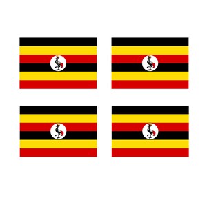 Könnte beinhalten: Vier identische Flaggen von Uganda. Jede Flagge ist ein Rechteck mit sechs horizontalen Streifen in Schwarz, Gelb, Rot, Schwarz, Gelb und Rot. In der Mitte der Flagge befindet sich ein weißer Kreis mit einem grauen Kranich mit Krone, der auf einem roten Sockel steht.