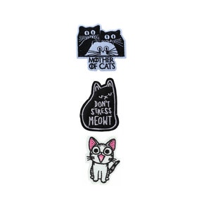 3er Set Katzen Rose Bügeleisen / Aufnäher Bestickter Patch Katze Anstecker Feline Stickerei