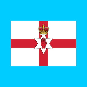 Puede incluir: La bandera de Irlanda del Norte presenta una mano roja sobre una estrella blanca de seis puntas, con una cruz roja sobre un campo blanco y una corona dorada en la parte superior.