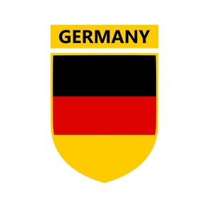 May include: A yellow shield-shaped emblem with the word "GERMANY" in black letters at the top. The shield is divided into three horizontal stripes: black, red, and yellow.