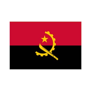May include: The flag of Angola, featuring a horizontal tricolor design. The top half is red, the bottom half is black, and the center features a yellow emblem. The emblem includes a star, a gear, and a machete.