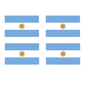 Può includere: Quattro bandiere argentine blu e bianche con un sole giallo al centro. Le bandiere sono disposte in due file di due.