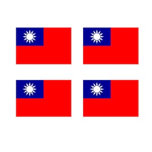 May include: Four identical flags of Taiwan. Each flag is a rectangle with a blue canton containing a white sun with 12 rays. The canton is on the left side of the flag, and the rest of the flag is red.