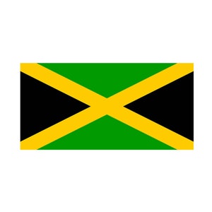 May include: The flag of Jamaica features a green, yellow and black design. A yellow diagonal cross divides the flag into four triangles, with two black triangles in the top left and bottom right corners and two green triangles in the top right and bottom left corners.