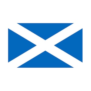 May include: A blue and white flag with a white cross on a blue background. The cross is formed by two triangles that intersect in the centre of the flag.