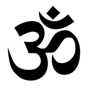 May include: A black and white illustration of the Om symbol, a sacred sound and syllable in Hinduism and Buddhism.