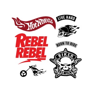 May include: A set of iron-on patches featuring a red Hot Wheels logo, a skull with a motorcycle helmet, a skull with crossed bones, and the text "Rebel Rebel", "Live Hard", "Born to Ride", and "Biker for Life".