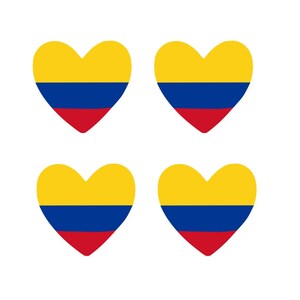 Puede incluir: Cuatro diseños en forma de corazón, cada uno con los colores de la bandera colombiana: amarillo en la parte superior, azul en el medio y rojo en la parte inferior. Los corazones están sobre un fondo blanco.