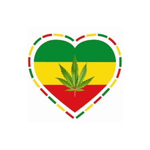 May include: A green, yellow, and red heart with a marijuana leaf in the center. The heart is outlined with a yellow, red, and green dotted line.