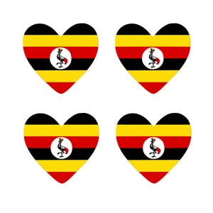 Könnte beinhalten: Vier herzförmige Aufkleber mit der Flagge Ugandas. Jedes Herz hat horizontale Streifen in Schwarz, Gelb und Rot, mit einem weißen Kreis in der Mitte, der einen grauen Kronenkranich enthält. Der Hintergrund ist weiß.